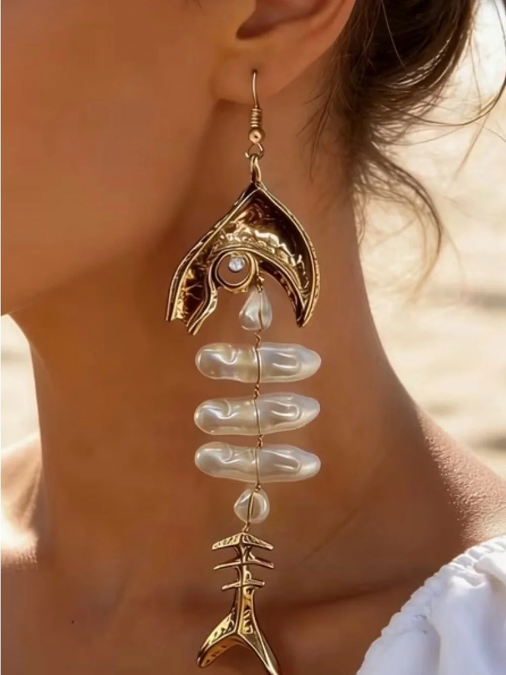 Gold Pearl Drop Fishbone Statement Earrings - Women Jewelry